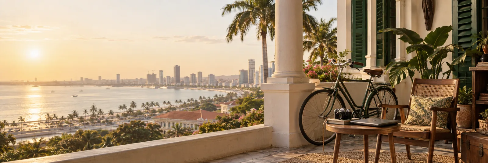 Bicicleta e artigos para o lar numa varanda em Luanda