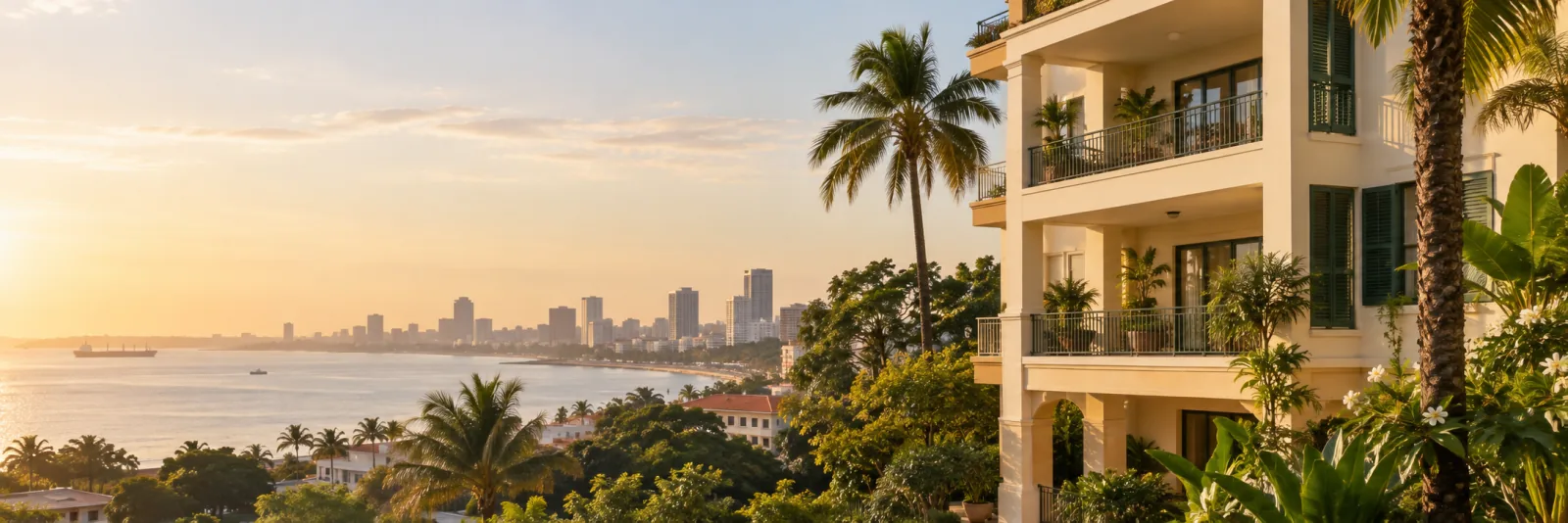 Edifício residencial com palmeiras junto à baía de Luanda